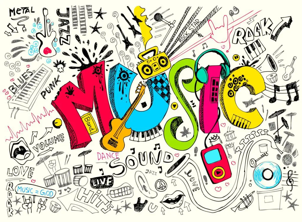Illustration colorée du mot "MUSIC" entouré de dessins liés à divers genres musicaux et instruments.