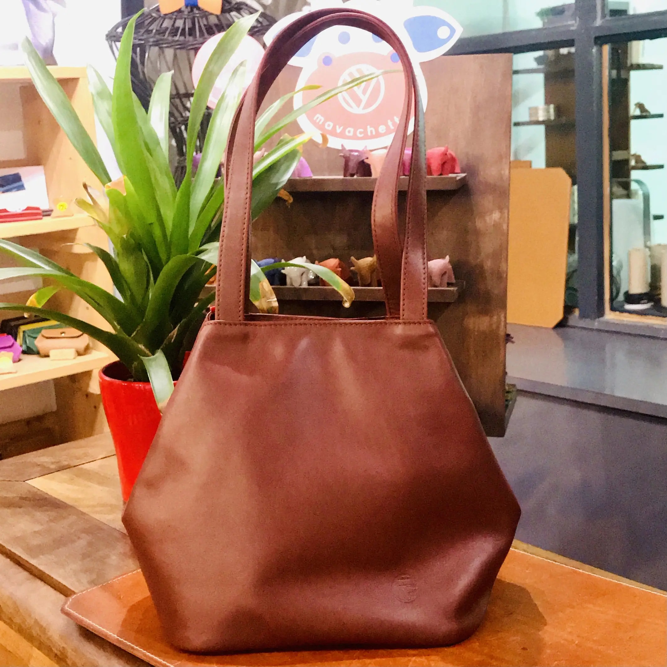 Sac porté épaule en cuir et alcantara marron Faugier France