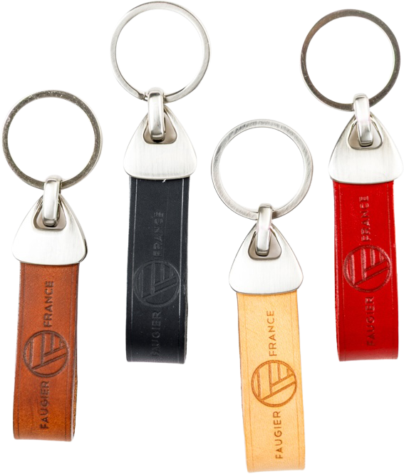 Quatre porte-clés en cuir de couleurs différentes avec logo Faugier France, anneaux métalliques argentés.