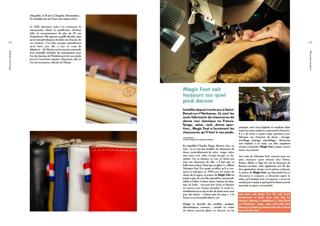 Article sur Magic Feet, fabricant français de chaussures de danse, avec images de couture et de produits en cuir colorés.