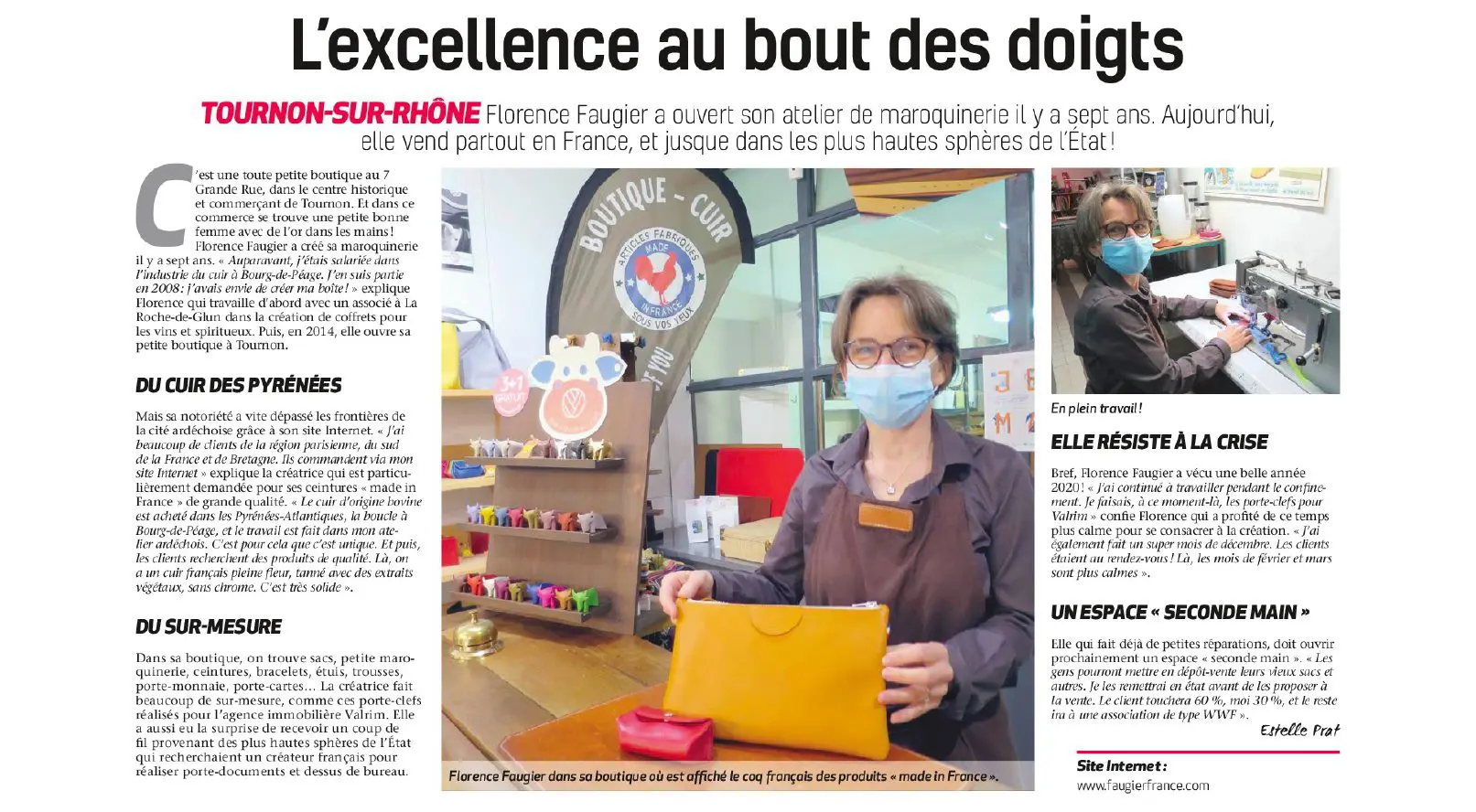 Florence Faugier dans sa boutique de maroquinerie à Tournon-sur-Rhône, tenant un sac en cuir jaune.