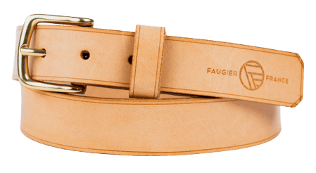 Ceinture en cuir beige avec boucle métallique dorée, marquée "Faugier France".