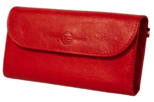 Compagnon en cuir de couleur rouge, tannage végétal, logo Faugier France sur la face avant. Fabrication française.